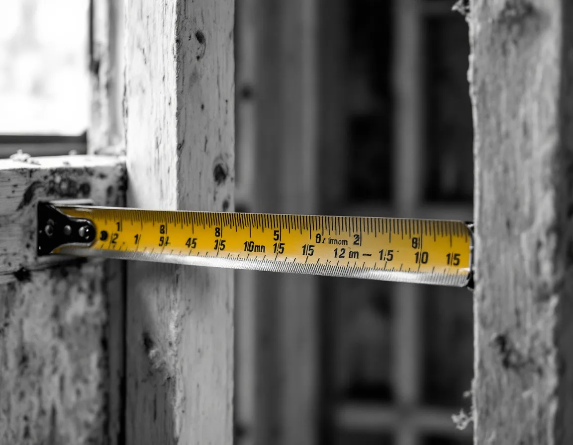 A tape measure stretched along an unfinished stud wall with a pencil-marked dimension