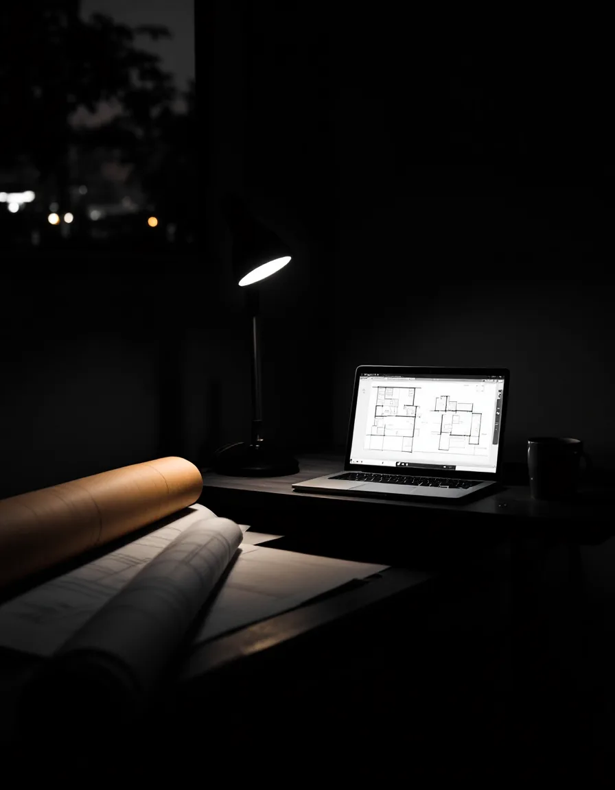 A drafting desk at dusk with a lamp, rolled plans and a laptop