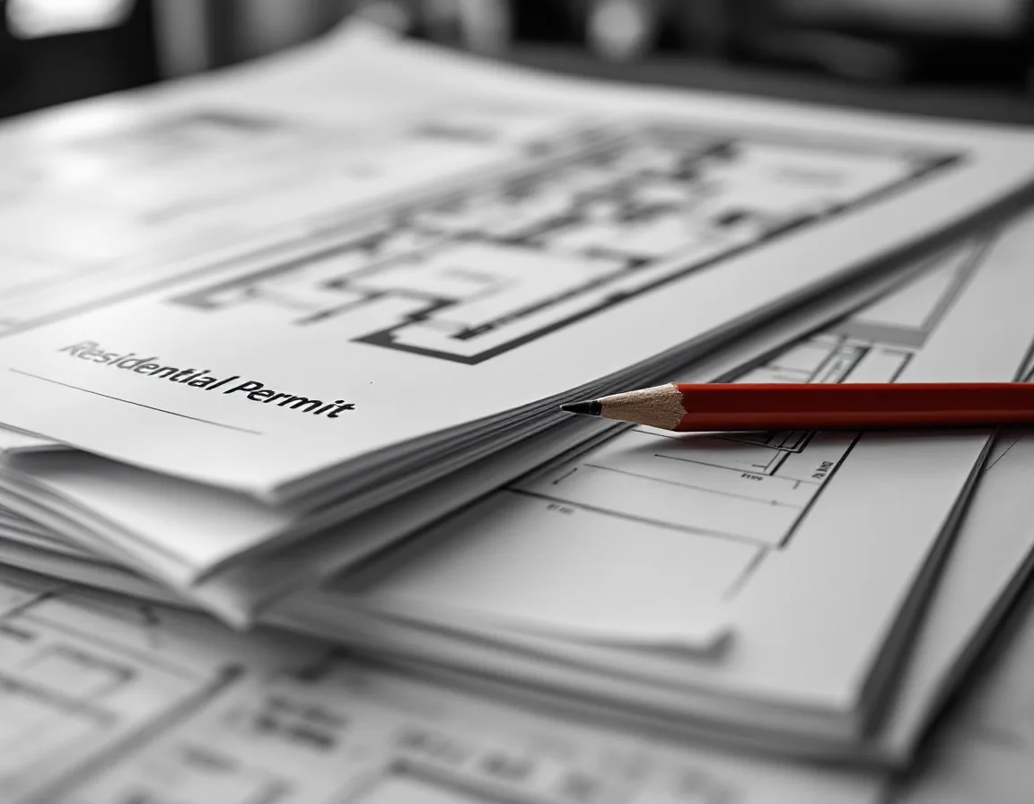 A stack of printed permit drawing sheets on a counter with a red pencil on top