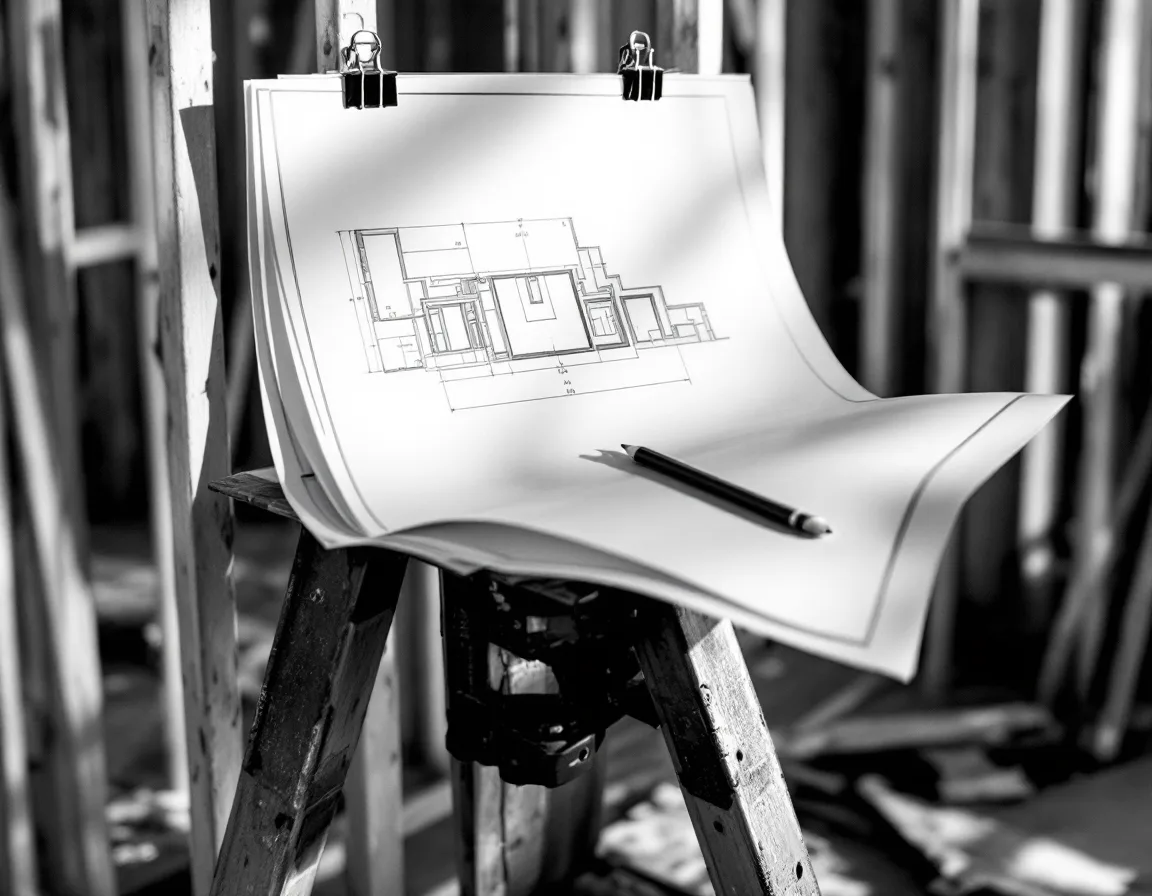 A wall-section detail drawing clipped beside fresh wood framing, with a carpenter's pencil on top