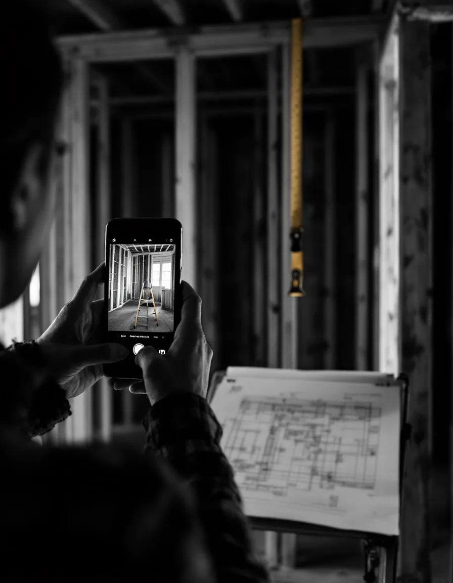 A phone photographing an open stud wall with a tape measure hanging in frame
